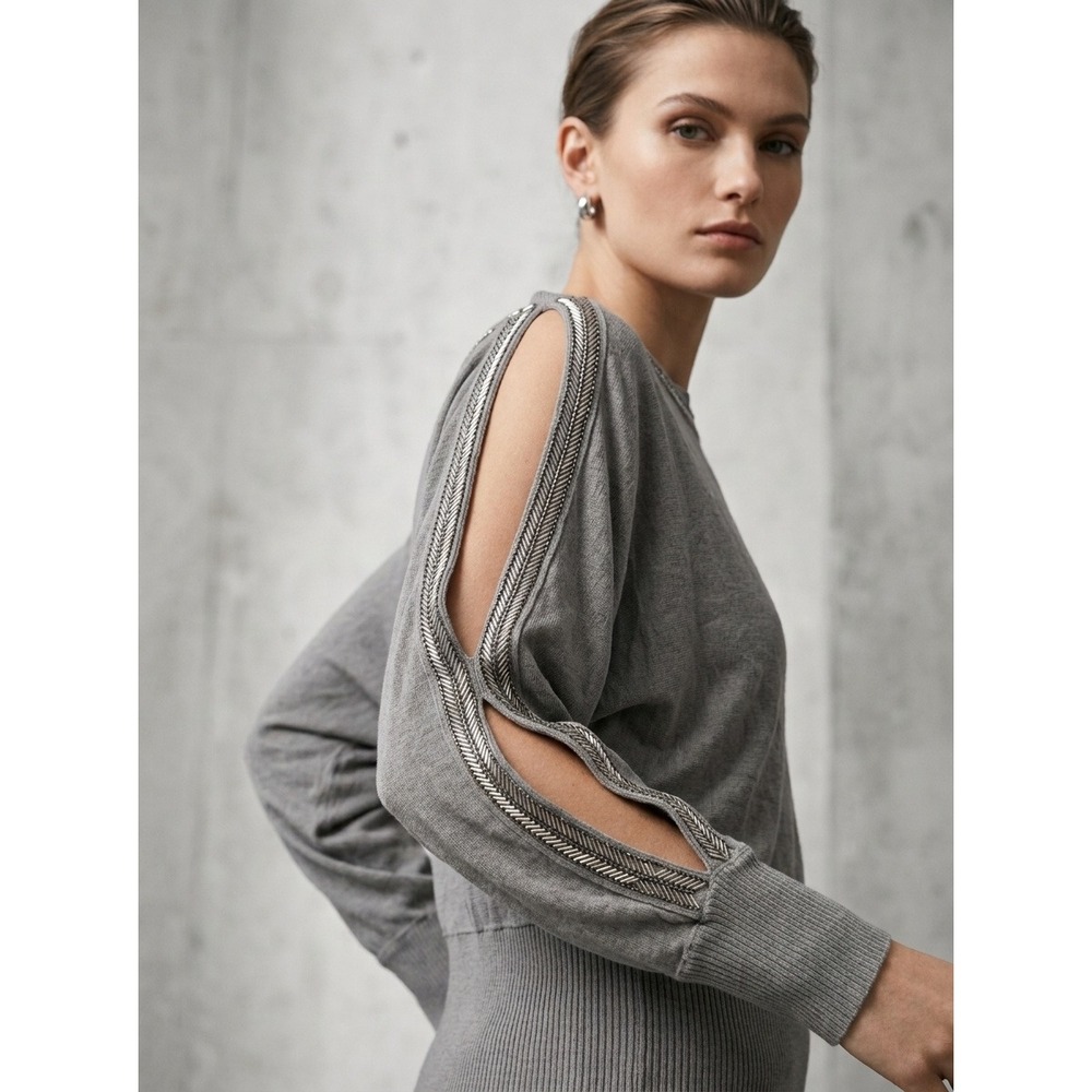 Boston Proper Women Sweater Grey Dolman Sleeve Sweater Beaded Trim Boat Neck M